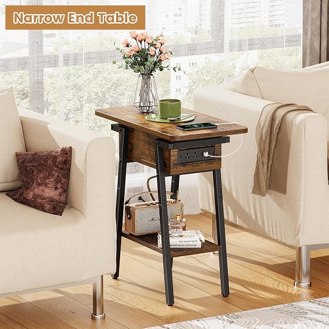 End Table with Charging Station, Flip Top Side Table with USB Ports and Outlets, Bedside Tables for Small Spaces,Nightstand with Storage Shelf for Living Room, Bedroom, Rustic Brown