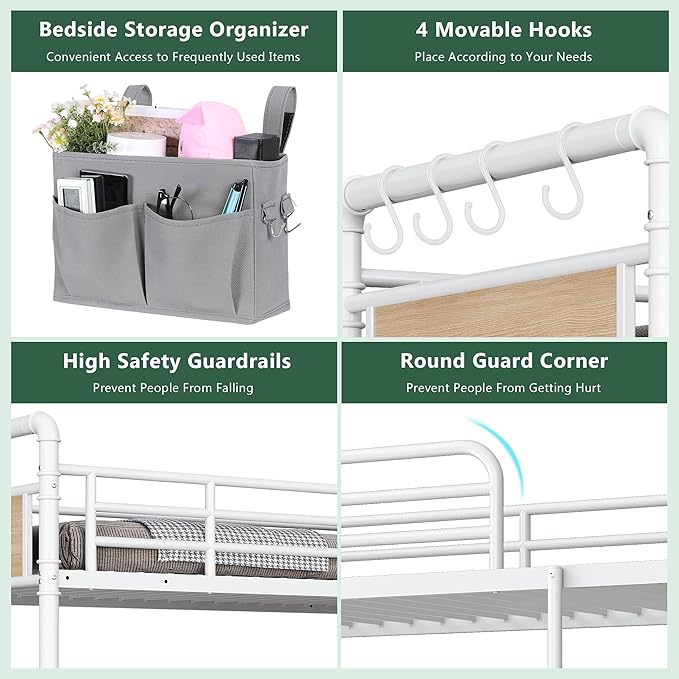 Metal Bunk Bed Twin Over Full, Industrial Bunkbeds Heavy Duty Bed with Safety Guard Rails and Space-Saving Design, Steel Bed for School, Bedroom (White)