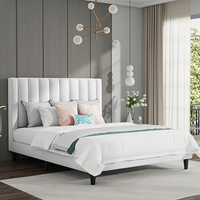 SHA CERLIN Full Bed Frame/Velvet Upholstered Platform Bed Frame with Headboard/Strong Wood Slats Support/Mattress Foundation/No Box Spring Needed/Easy Assembly/White