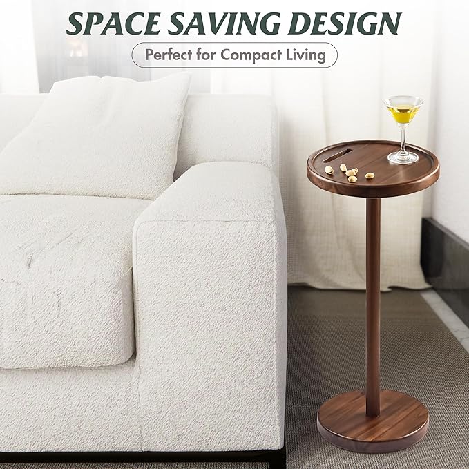 Drink Table, 24.4" Tall Compact Side Table with Phone Slot and Weighted Base, Durable Pedestal Table Accent for Living Room (Flat, Walnut)