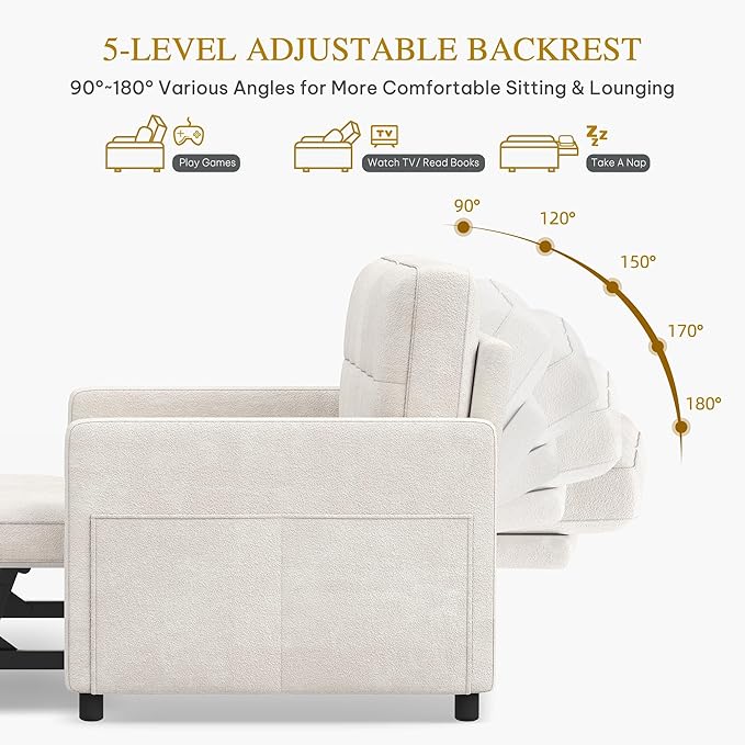 DWVO 55" Convertible Sofa Bed, 3-in-1 Sleeper Sofa with Pull-Out Couch, Velvet Futon Couch with Adjustable Backrest and USB, Modern Loveseat for Living Room Apartment, Light Beige
