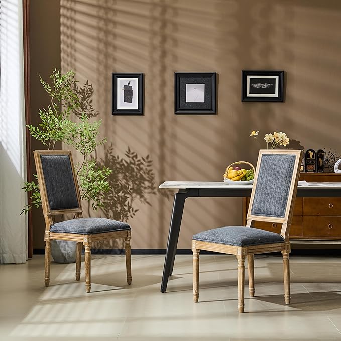 Christopher Knight Home Regina French Country Dining Chairs Set of 2, Wooden Dining Room Chair, High Back Kitchen Side Chair, Fabric Upholstered Armless Extra Seat, Blue Grey