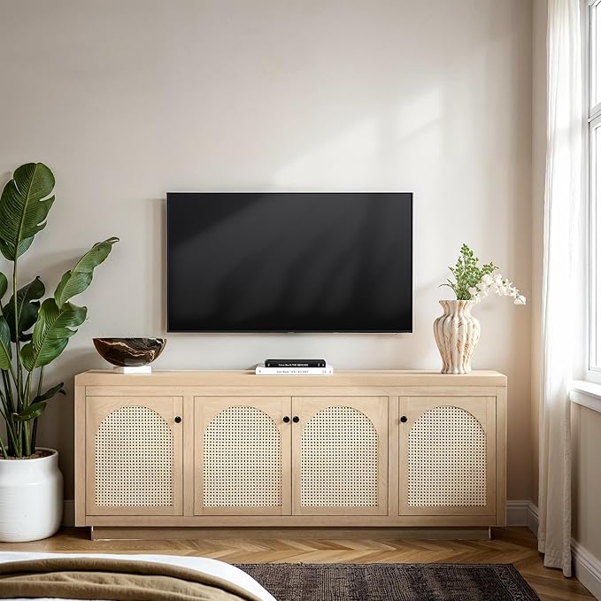 Walker Edison Sasha 4-Door Sideboard Buffet with Arched Rattan Panels, 70 Inch, Coastal Oak