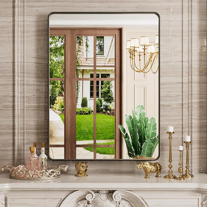 20X30 Inch Black Bathroom Mirror, Black Metal Framed Mirror for Wall, Rounded Rectangle Matte Bathroom Vanity Mirror with Tempered Glass, Anti-Rust, Horizontal/Vertical