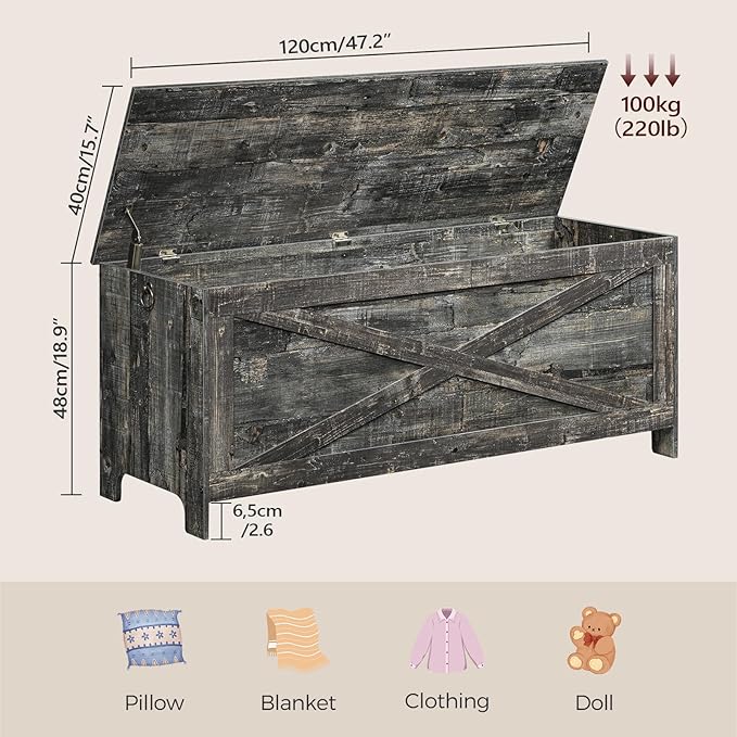 47.2" Toy Chest, Sturdy Entryway Storage Chest with Safety Hinges, Retro Toy Box, Wooden Look Accent Furniture for Living Room, Bedroom, Vintage Gray SCRP48801