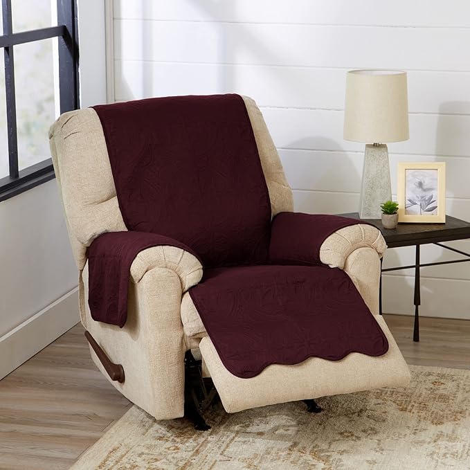 Medallion Stitched Solid Furniture Protector Stain Resistant Durable Furniture Protector Elenor Collection (Recliner, Wine/Light Grey)