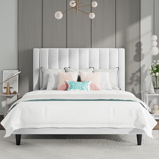 SHA CERLIN Full Bed Frame/Velvet Upholstered Platform Bed Frame with Headboard/Strong Wood Slats Support/Mattress Foundation/No Box Spring Needed/Easy Assembly/White