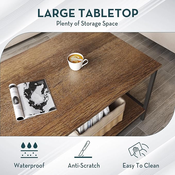 SAYGOER Coffee Table with Storage 2-Tier Industrial Center Table for Living Room, Rectangle Wood Table for Small Spaces Apartment Home Office, Walnut