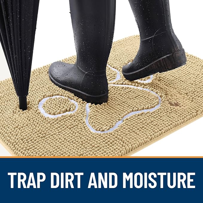 OLANLY Door Mat for Muddy Dog Paws 70x24, Ultra Absorbent Chenille Mud Doormat with Paw Print Design, Non-Slip Washable Doormat for Indoor Entryway, Quick-Dry Pet Bed Mats for Dirty Dogs, Beige