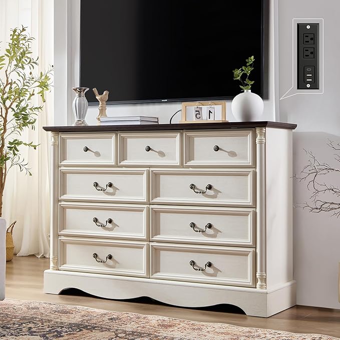 Farmhouse 9 Drawers Dresser for Bedroom with Charging Station, 54" Wide Wood Country Rustic Storage Dressers Organizer, Vintage Design Chest of Drawers TV Stand, Antique White