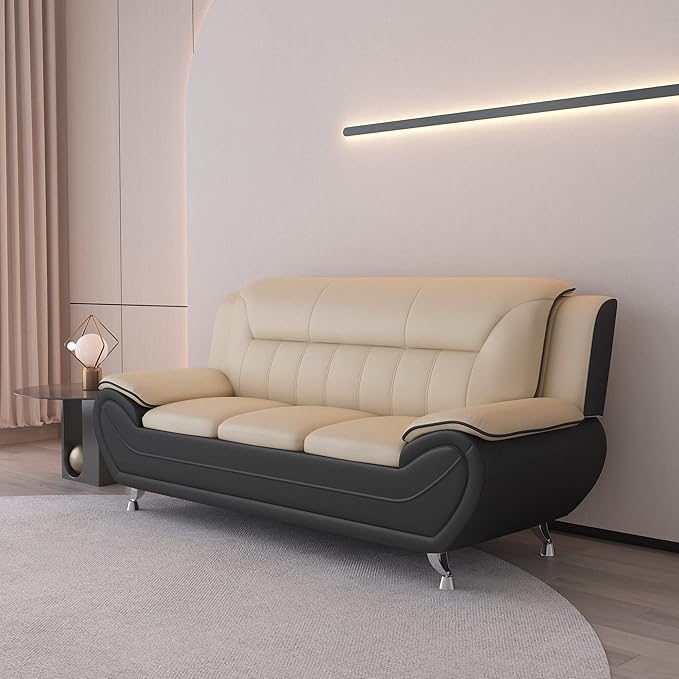 Container Furniture Direct Michael Modern Faux Leather Upholstered Stainless Steel Legs Living Room Sofa, Chair, Camel/Black