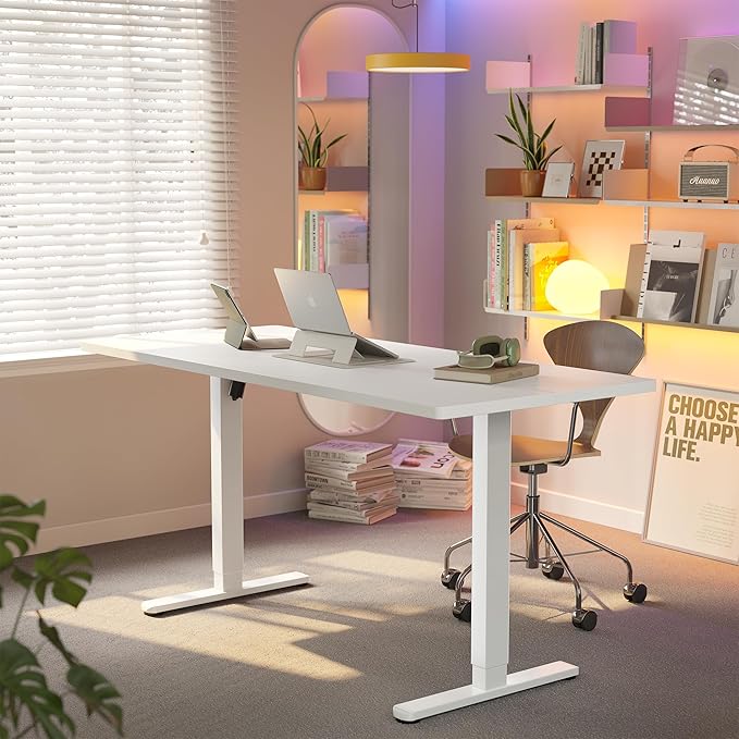 HUANUO Electric Standing Desk, 63 x 24 Inch Height Adjustable Computer Desk with Storage Bag, 4 Height Memory Settings, Sit Stand Up Desk for Home Office, White