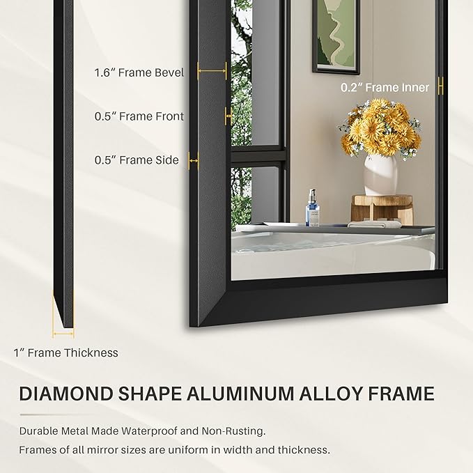 40x36 Inch Black Bathroom Mirror for Wall, Thick Metal Framed Rectangle Mirrors for Over Sink, Bedroom, Living Room, Entryway, Anti-Rust, HD Tempered Glass