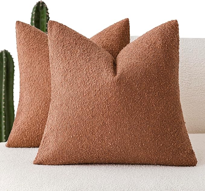 Foindtower Set of 2, Decorative Textured Boucle Throw Pillow Covers Accent Solid Pillow Cases Cozy Soft Couch Cushion Case for Chair Sofa Bedroom Living Room Home Decor 24x24 Inch Burnt Orange Hazel