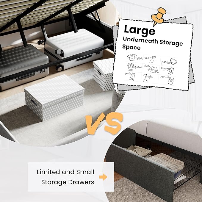 SHA CERLIN King Size Lift Up Storage Bed/Modern Wingback Headboard/Upholstered Platform Bed Frame/Hydraulic Storage/No Box Spring Needed/Wood Slats Support/Light Grey