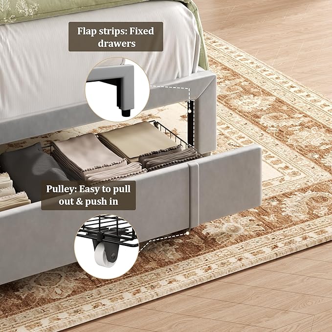 Full Bed Frame with Storage Drawers, Upholstered Platform Bed with Headboard and Wingboard, No Box Spring Needed, Noise Free, Easy Assembly, Wooden Support Slats, Light Grey