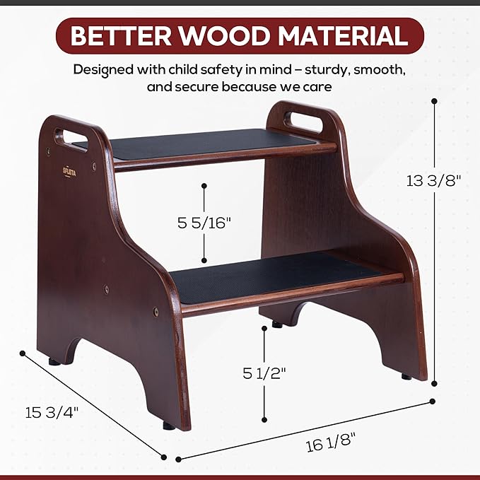2-Step Wooden Step Stool for Adults & Kids – Non-Slip Bed, Bathroom, Kitchen, and Closet Use – Heavy-Duty Portable Step with Handles – 400 lb Capacity