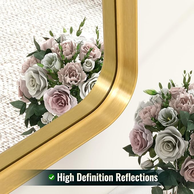 48 x 30 Inch Gold Bathroom Mirror, Rectangular Wall Mounted Shatterproof Mirror, Aluminum Alloy Frame with Rounded Corners, Horizontal or Vertical for Farmhouse Decor