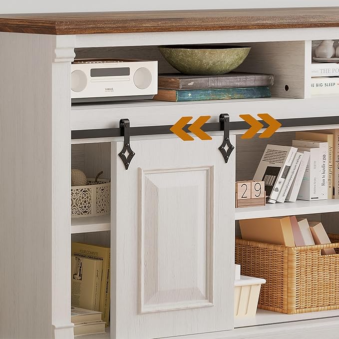 IRONCK Farmhouse TV Stand for 65+ Inch TV, 59" Entertainment Center with Storage Cabinets and Sliding Barn Door, Media Console for Living Room, White