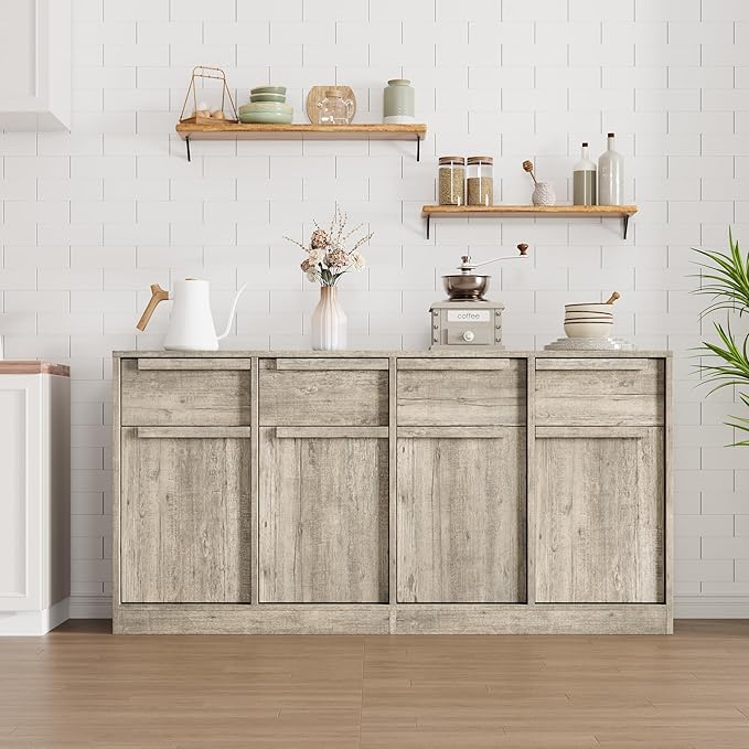 GarveeHome Sideboard Buffet Cabinet with 4 Drawers, 62.4" Large Coffee Cabinet with Storage, Modern Storage Buffet Table for Kitchen Dining Room, Living Room (Grey, 4 Doors & 4 Drawers)