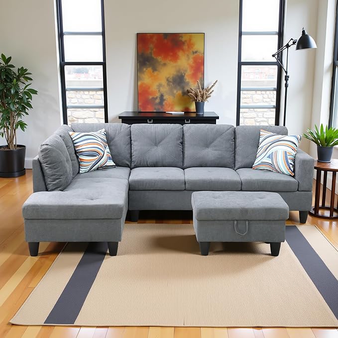 L Shaped Couch Modern Sectional Couch Upholstered Flannelette Fabric 3 Pieces Sofas for Living Room with Chaise, Storage Ottoman for Office and Small Apartment, Dark Grey