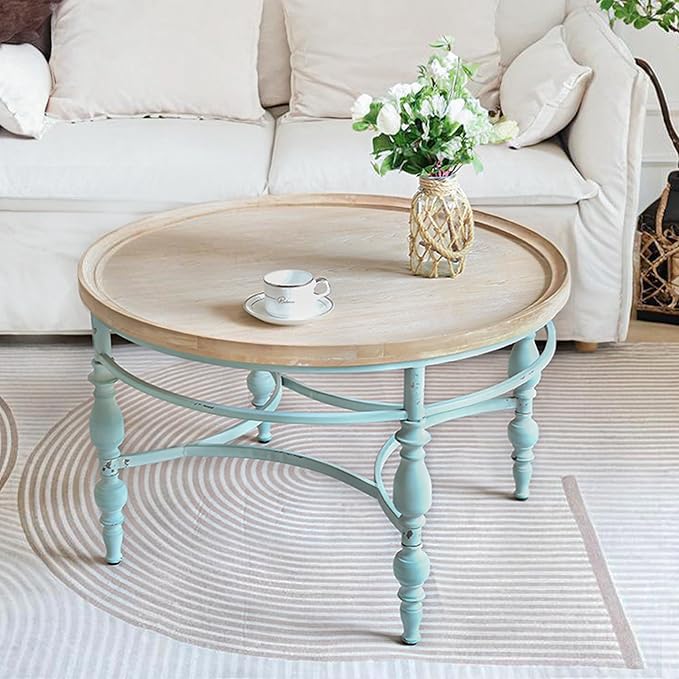 Rustic Farmhouse Round Coffee Table, French Country Vintage Center Table,φ31.5'' x18.9''H Rustic Solid Wood with Vintage Iron Legs, for Living Room, Bedroom,Dinning Room,Nature White