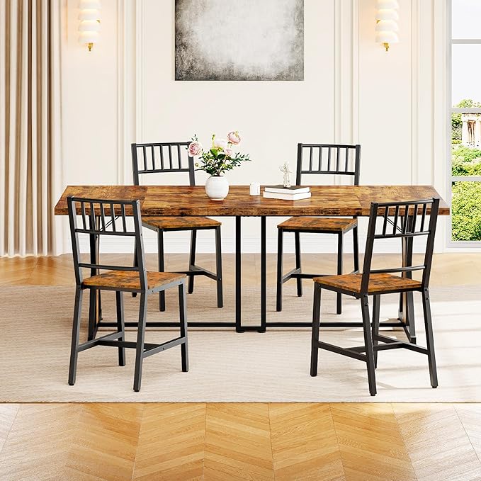 HOOBRO Kitchen Chairs Set of 4, Wooden Dining Room Chairs with Metal Frame, Dining Chair with Back, Easy to Assemble, Farmhouse Dining Chair for Living Room, Rustic Brown and Black BF39CDP401
