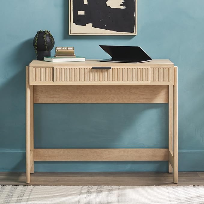WALKER EDISON Transitional Style Furniture, Reeded Detail, Lift-Top Desk with Drawer and Storage Cubby, Sitting to Standing Desk, Soft Self-Close Desktop, 38”W x 16.75”D x 30”H, Coastal Oak