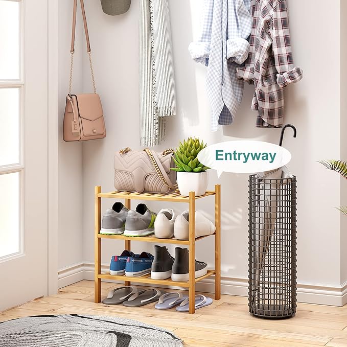 Small Shoe Rack, 3-Tier Shoe Rack for Entryway, Bamboo Wood Shoe Shelf for Closet & Hallway, Long 17.2IN | Beautiful | Functional | Sturdy | Durable