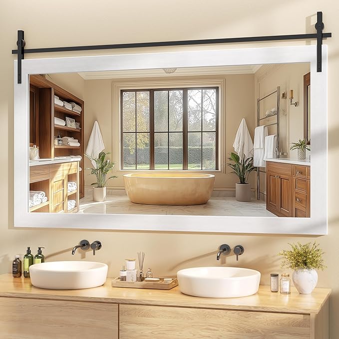 Hasipu Farmhouse Bathroom Mirror, 60"x30" Rustic Wood Framed Wall Mounted Mirror, White Vintage Vanity Mirror Barn Door Style Decrative Mirrors