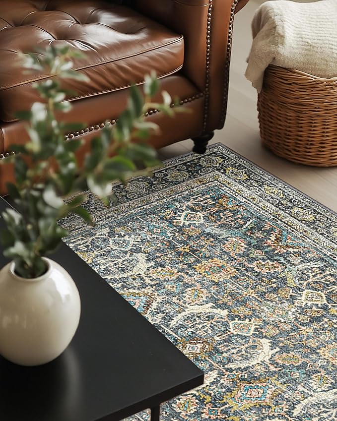 3X5 Area Rugs Machine Washable Rugs for Living Room, Vintage Boho Large Rugs for Bedroom Dining Room, Non Slip Indoor Soft Distressed Lightweight Thin Low Pile Carpet, Terracotta