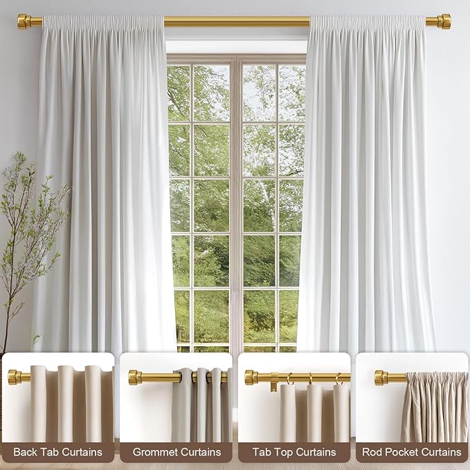2 Pack Modern Gold Curtain Rods for Windows 28 to 48 Inches Adjustable Length Heavy Duty 1" Diameter Brass Window Curtain Rod with Solid Metal Finials for Outdoor Farmhouse Bedroom Kitchen Living Room