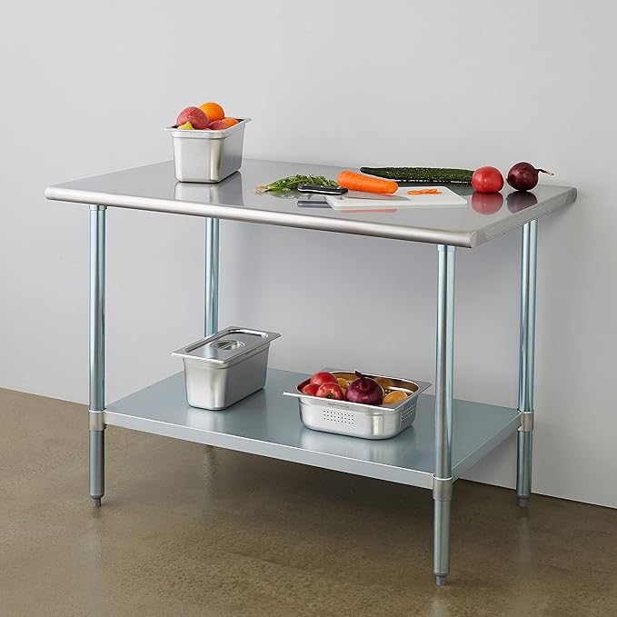 ROCKPOINT Stainless Steel Table for Prep & Work 30x48 Inches, NSF Metal Commercial Kitchen Heavy Duty Table with Adjustable Under Shelf and Table Foot for Restaurant, Home and Hotel