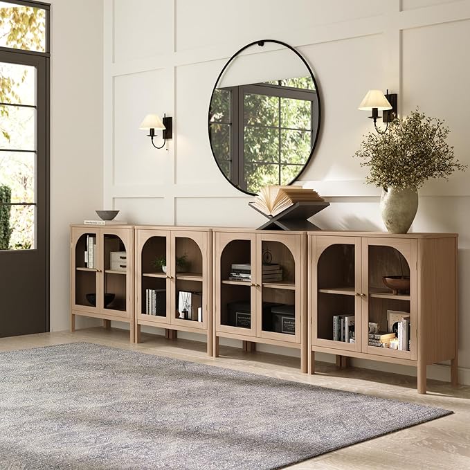 Nathan James Mason Modern Farmhouse TV Stand, Free Standing Accent Sideboard Buffet, Cabinet with Glass Doors and Adjustable Shelf, Clear Glass/Raw Oak Set of 4