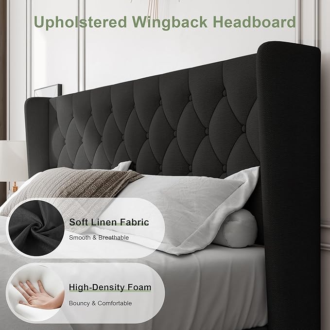 Feonase King Size Bed Frame with Wingback Tufted Headboard, Upholstered Platform Bed Frame with Heavy Duty Wooden Slats Support, Noise-Free, No Box Spring Needed, Easy Assembly, Black