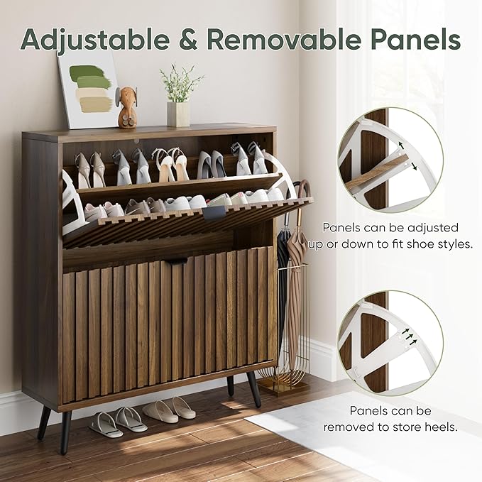 Smuxee Shoe Cabinet with 2 Flip Drawers, 31.5" Walnut Hidden Shoe Storage Cabinet with Fluted Design, Freestanding Shoe Organizer Cabinet for Entryway, Hallway, Closet, Living Room
