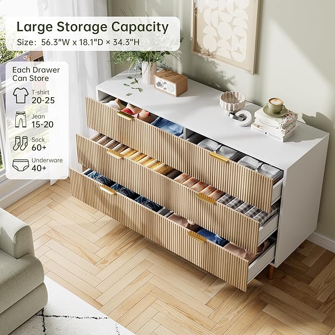 GarveeHome Dresser for Bedroom, Modern Chest of Drawers with Large Drawer, 6 Drawer Dresser with Gold Handles,Wood Storage Cabinet Organizer for Living Room, Hallway, Entryway, Natural