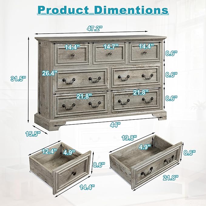 47.2" Farmhouse Sideboard Buffet Cabinet with Storage, Kitchen Buffet Storage Cabinet with 7 Drawers, Modern Wood Accent Sideboard for Living Room, Kitchen, Hallway(Ancient Oak)