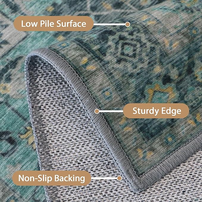 GENIMO 3x5 Area Rugs for Living Room, Machine Washable Non Slip Vintage Rugs, Low Pile Lightweight Chenille Print Rug for Bedroom, Dining Room, Home Office, Dark Green