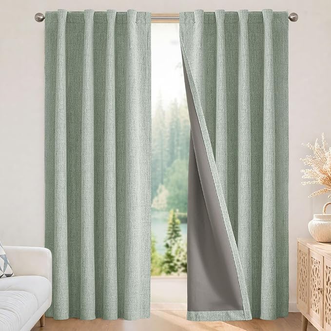 Joydeco 100% Blackout Curtains for Bedroom - Natural Linen Curtains 42" W x 72" L Long, Thermal Insulated 2 Panels Light Blocking Drapes, Rod Pocket & Back Tabs, Darkening Privacy for Living Room