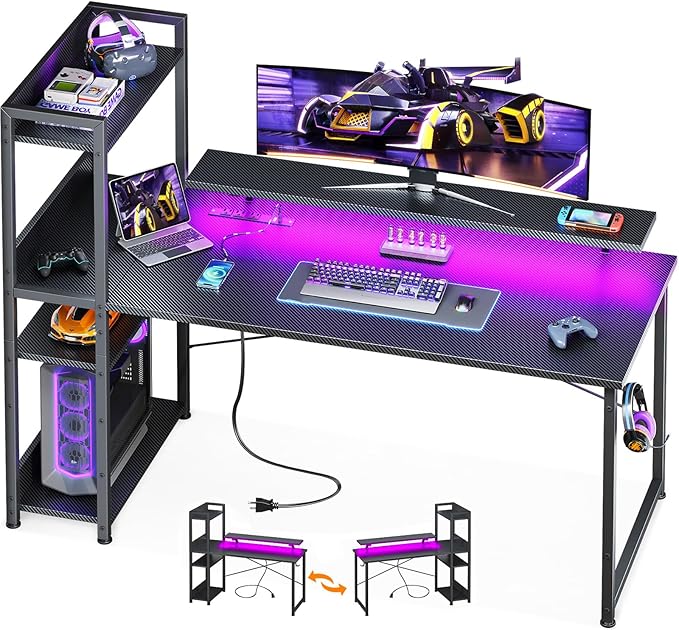 ODK Reversible 55 Inch Gaming Desk with USB Charging Port and LED Lights, Computer Desk with Storage Shelves and Monitor Stand, Study Table for Home Office, Morden Desk for Bedroom, Carbon Fiber Black
