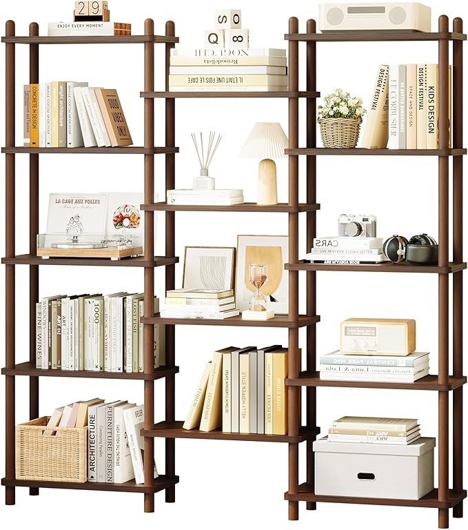 IOTXY Wooden Triple Wide Bookshelf - 5-Tier Large Shelf Bookcase with Solid Beech Frame, Tall Freestanding Open Etagere Display Rack for Home Office, Walnut