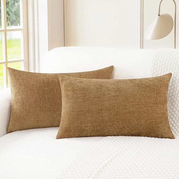 CaliTime Throw Pillow Covers Decorative 16 X 26 Inches Pack of 2 Cozy Chenille Cushion Cases for Couch Sofa Bed Living Room Home Apricot Brown