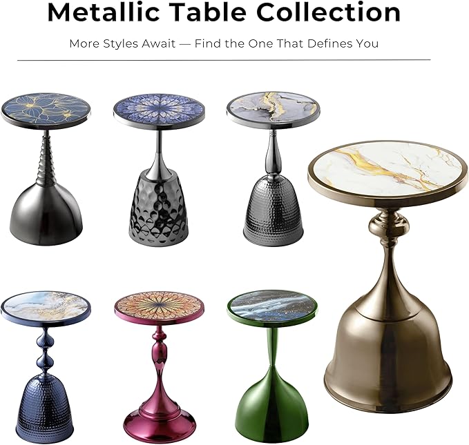 HOMES: Inside + Out Halric Modern 24" Tall Round End Table with Decorated Tabletop and Iron Metal Base, Accent Furniture, Elegant Pedestal Stand for Living Room, Home Office, Black with Faux Marble