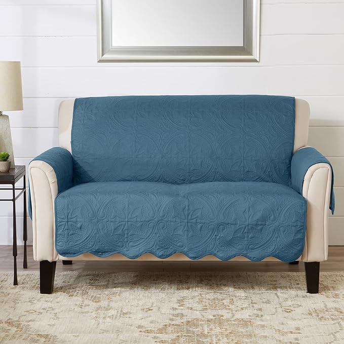 Great Bay Home Medallion Stitched Solid Furniture Protector Stain Resistant Durable Furniture Protector Elenor Collection (Loveseat, Smoke Blue/Ivory)