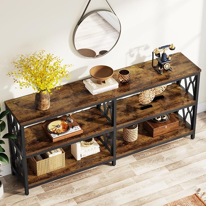 LITTLE TREE Console Table with Storage Shelves, 70.9" Industrial 3-Tier Sofa Table for Living Room, Long Foyer Table Entryway Table for Hallway, Front Door, Entrance, Rustic Brown & Black