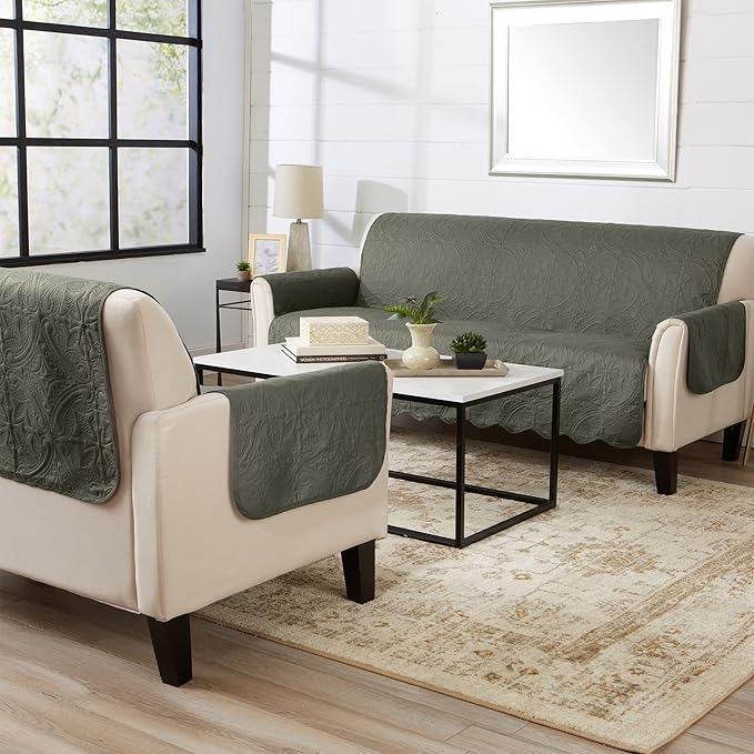 Great Bay Home Medallion Stitched Solid Furniture Protector Stain Resistant Durable Furniture Protector Elenor Collection (Chair, Sage Green/Light Gray)