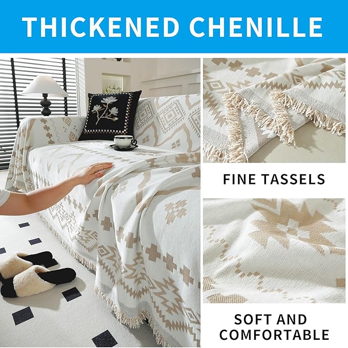 LUFEIJIASHI Boho Couch Covers for Sofa Non Slip Sofa Covers Washable Couch Covers for 3 Cushion Couch Sofa Pet Friendly Sectional Couch Cover Blanket Furniture Protector for Dogs (Khaki, 71"x134")