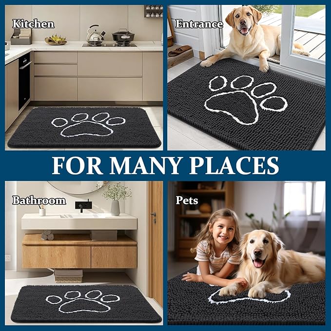 OLANLY Door Mat for Muddy Dog Paws 48x30, Ultra Absorbent Chenille Mud Doormat with Paw Print Design, Non-Slip Washable Doormat for Indoor Entryway, Quick-Dry Pet Bed Mats for Dirty Dogs, Dark Grey