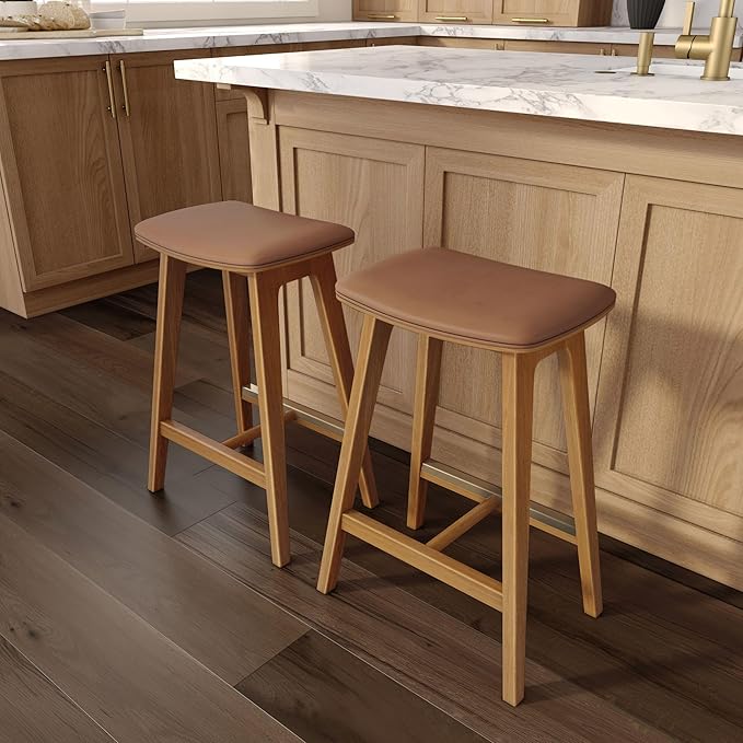 Plank+Beam Beryl Counter Height Stool - Mid-Century Modern Rubberwood Bar Stool with Faux Leather Seat, Metal Footrest, Easy Assembly, 4-Pack, Pecan/Toffee